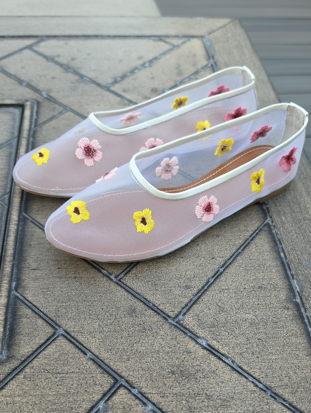 STAUD Alba Sheer Mesh Ballet Flats Floral Embroidery Size 38